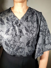 V-NECK SHIRT WITH FLOATY SLEEVES (Ravens & blossoms print)